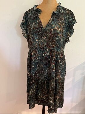 Marie Oliver XS teal Floral Pleated V-Neck Midi Dress 19.5”P2Px33”L great cond